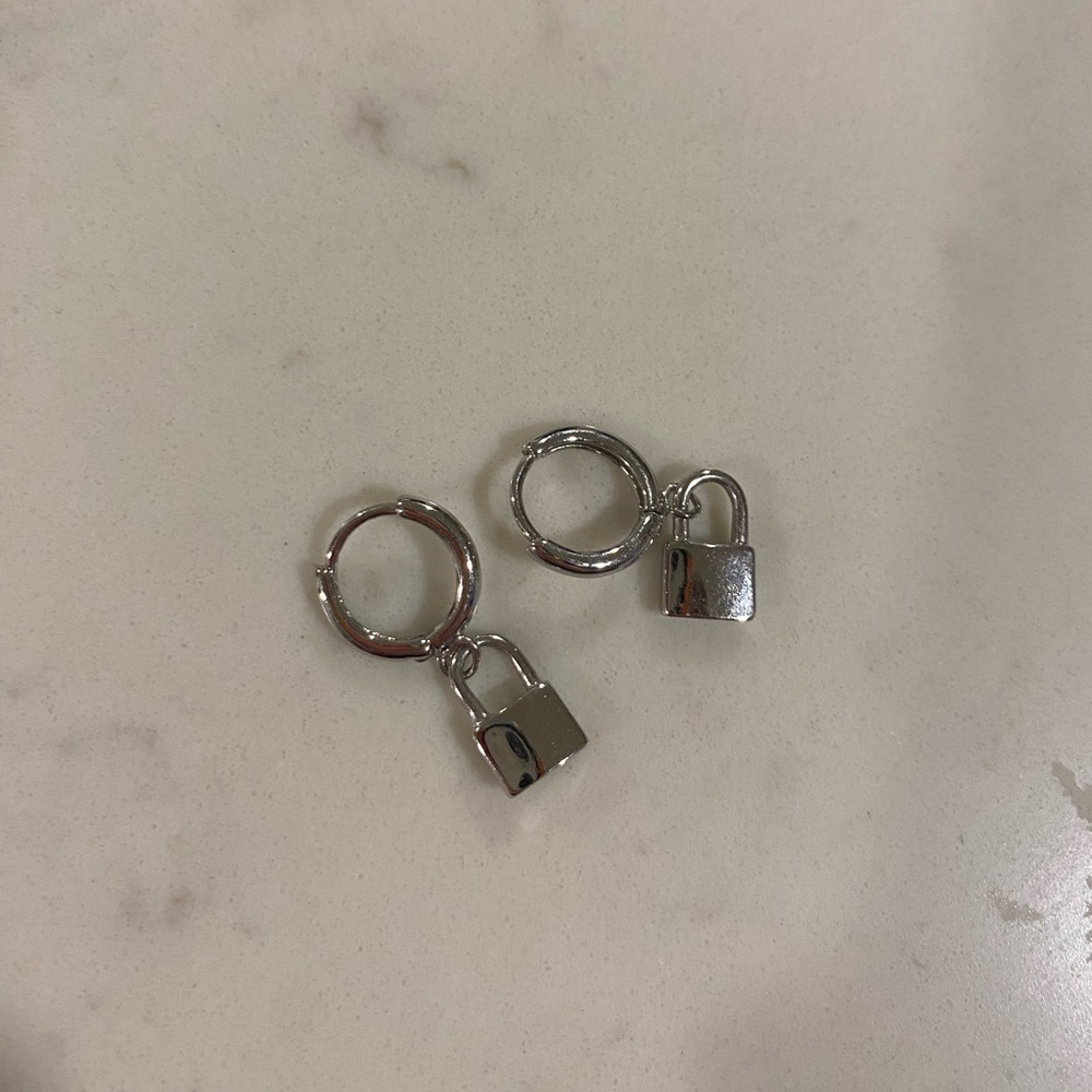 Silver Padlock Dangle Drop Earrings